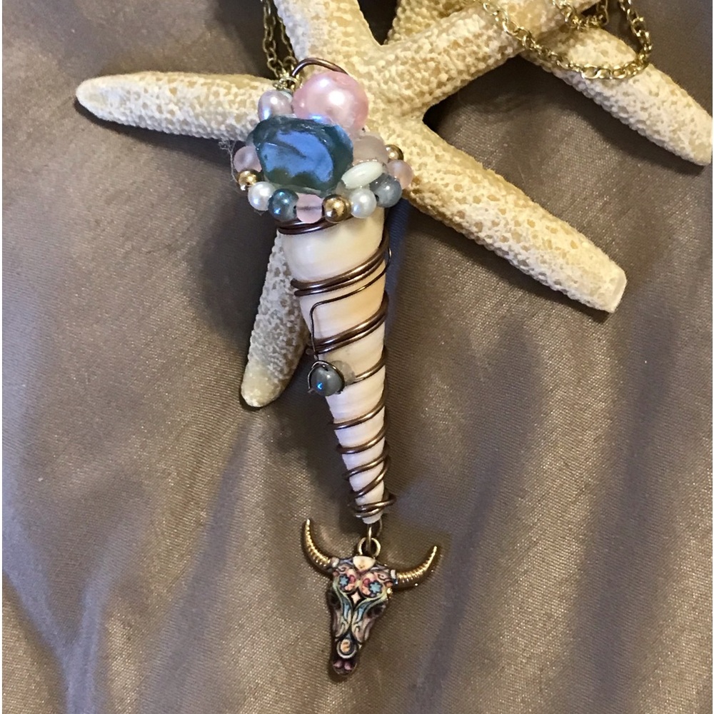 Turret Shell Necklace Summertime Necklace Beach Jewelry Cow skull pendant